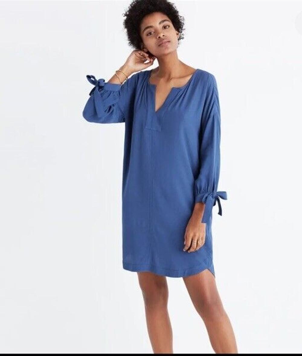 Madewell Women Du Jour Tie Sleeve Tunic Dress G1281 $118 Blue XS Small Pockets